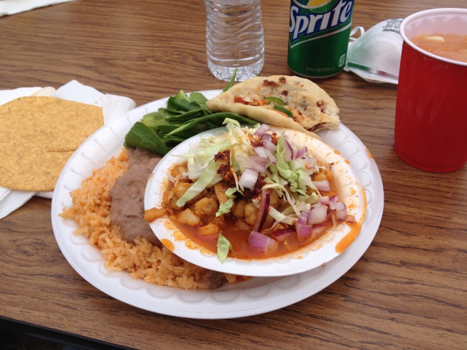Delicious posole, beans & rice, and some sort of tortilla stuffed with meat & rice & beans.