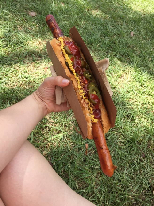 Giant sausages abounded at Mardi Gras Fair Day.