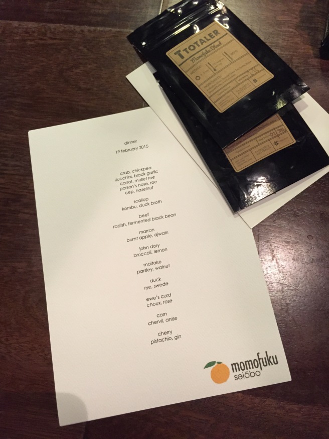 the menu, & two packets of momofuku tea to end the night.