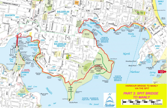 A map of the Spit Bridge to Manly walk.