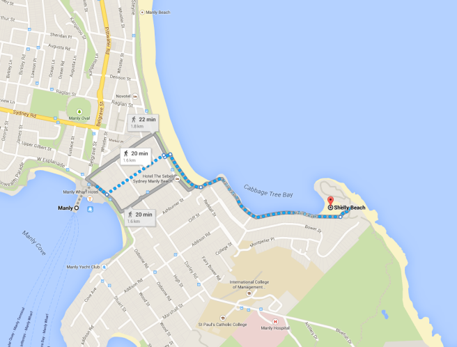 Map of the Manly Ferry Terminal to Shelly Beach walk.