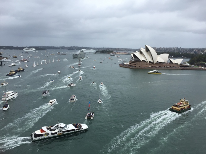 Opera House on Australia Day with a ton of ships in the harbour